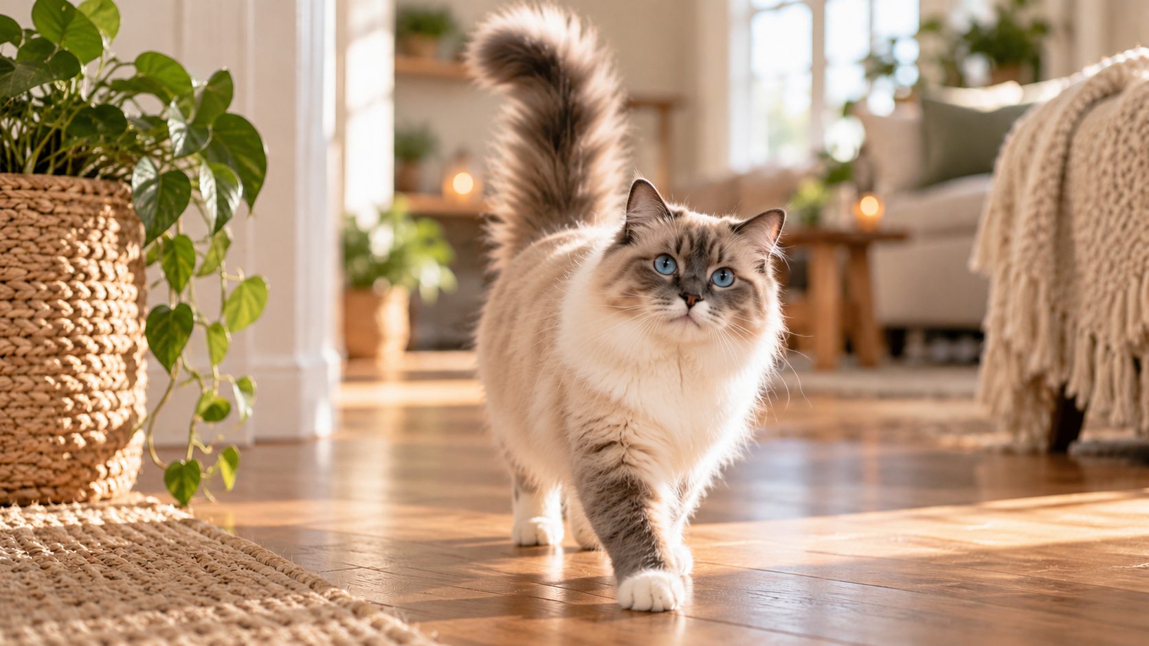 Fluffy blue-eyed cat walking through a cozy living room with its bushy tail held upright.