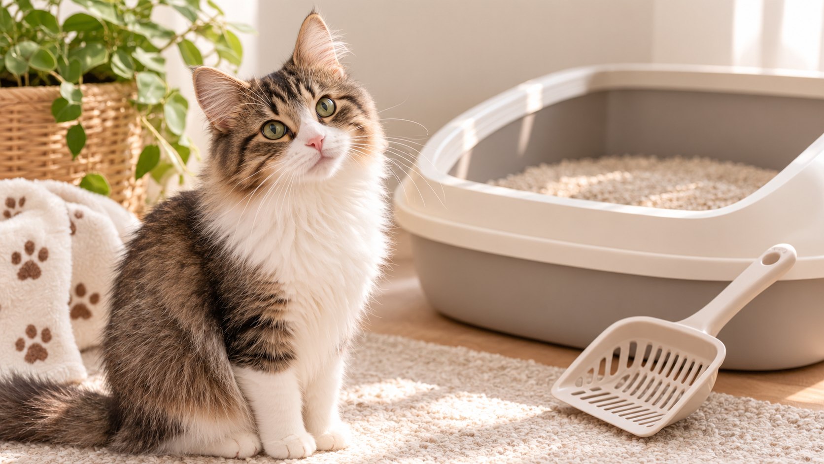 Fluffy tabby and white cat sitting beside a clean litter box and scoop in a bright home