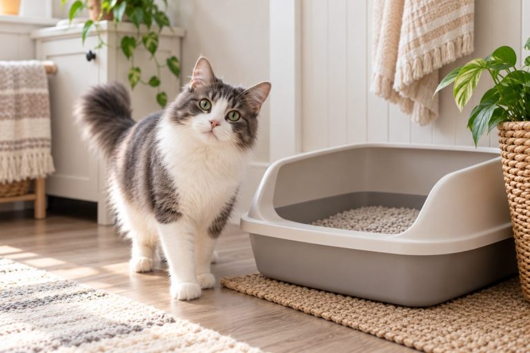 Fluffy grey-and-white cat standing beside a litter box in a cozy home.