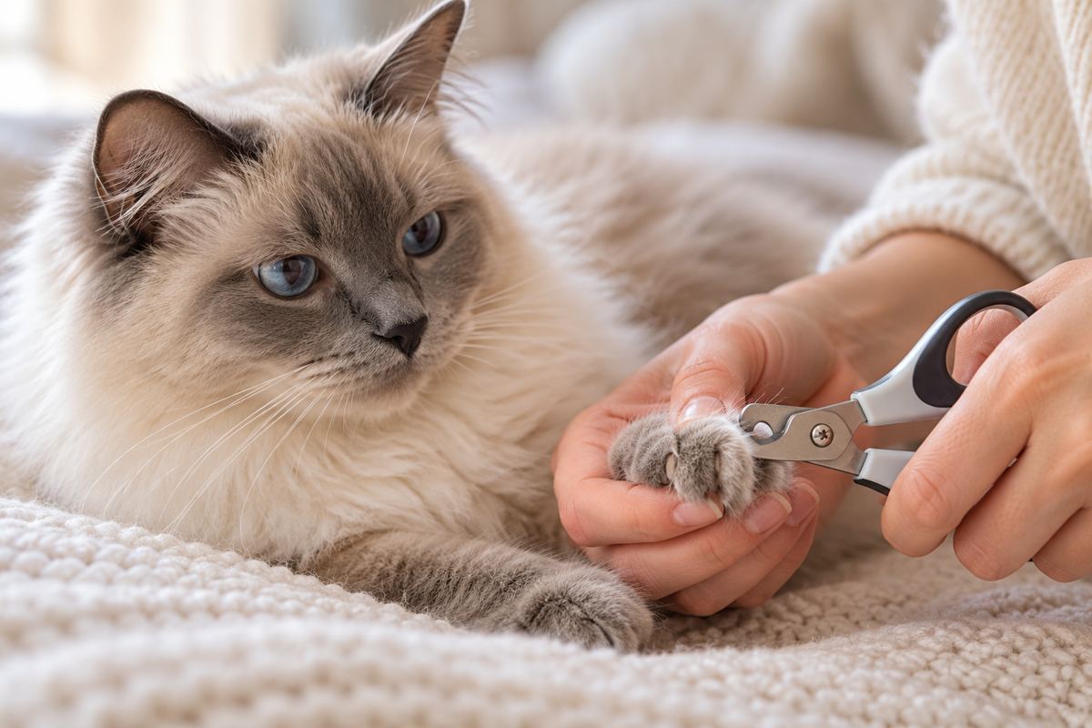 Fluffy blue-eyed cat resting on a soft blanket while its owner gently trims its nails.